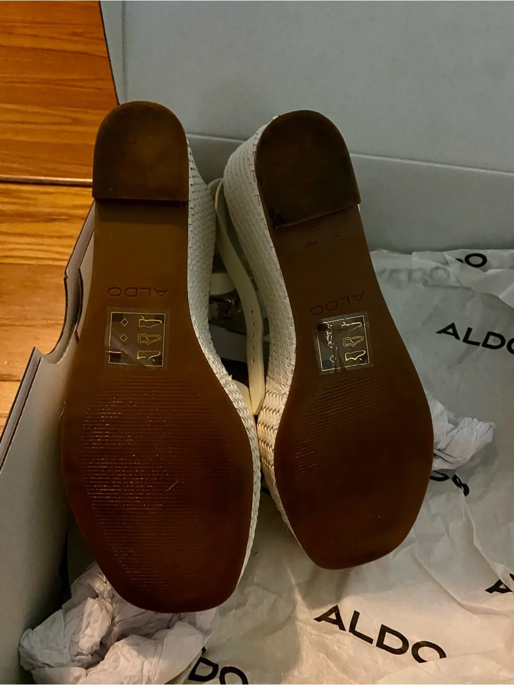 Aldo Ivory Wedge Sandals with Gold Chain Detail